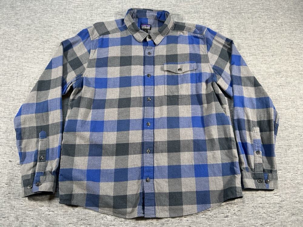 Patagonia Lightweight Fjord Flannel Shirt Mens L Blue Gray Plaid Organic Cotton